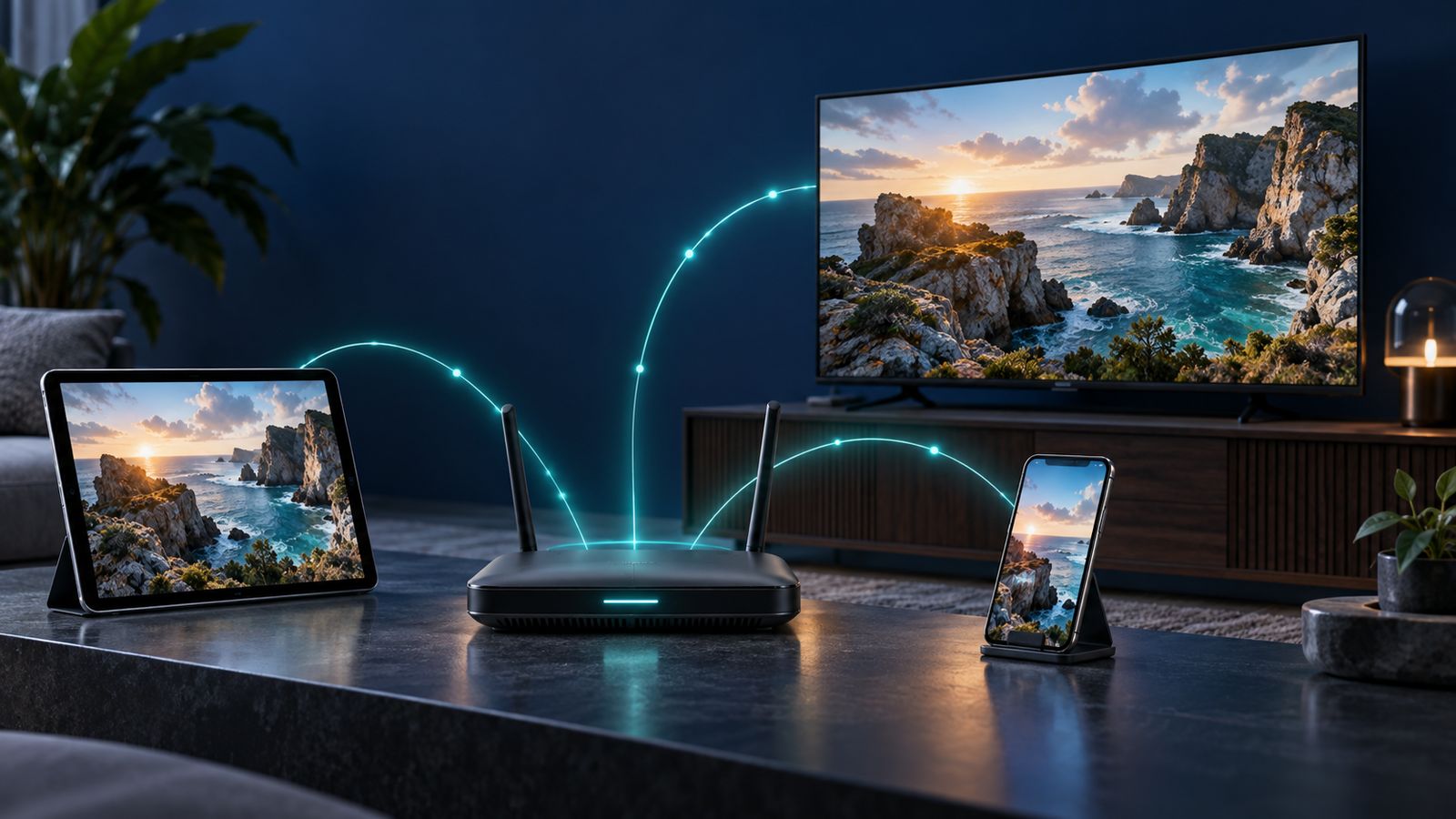 What is IPTV: an internet router connecting a television, tablet and phone