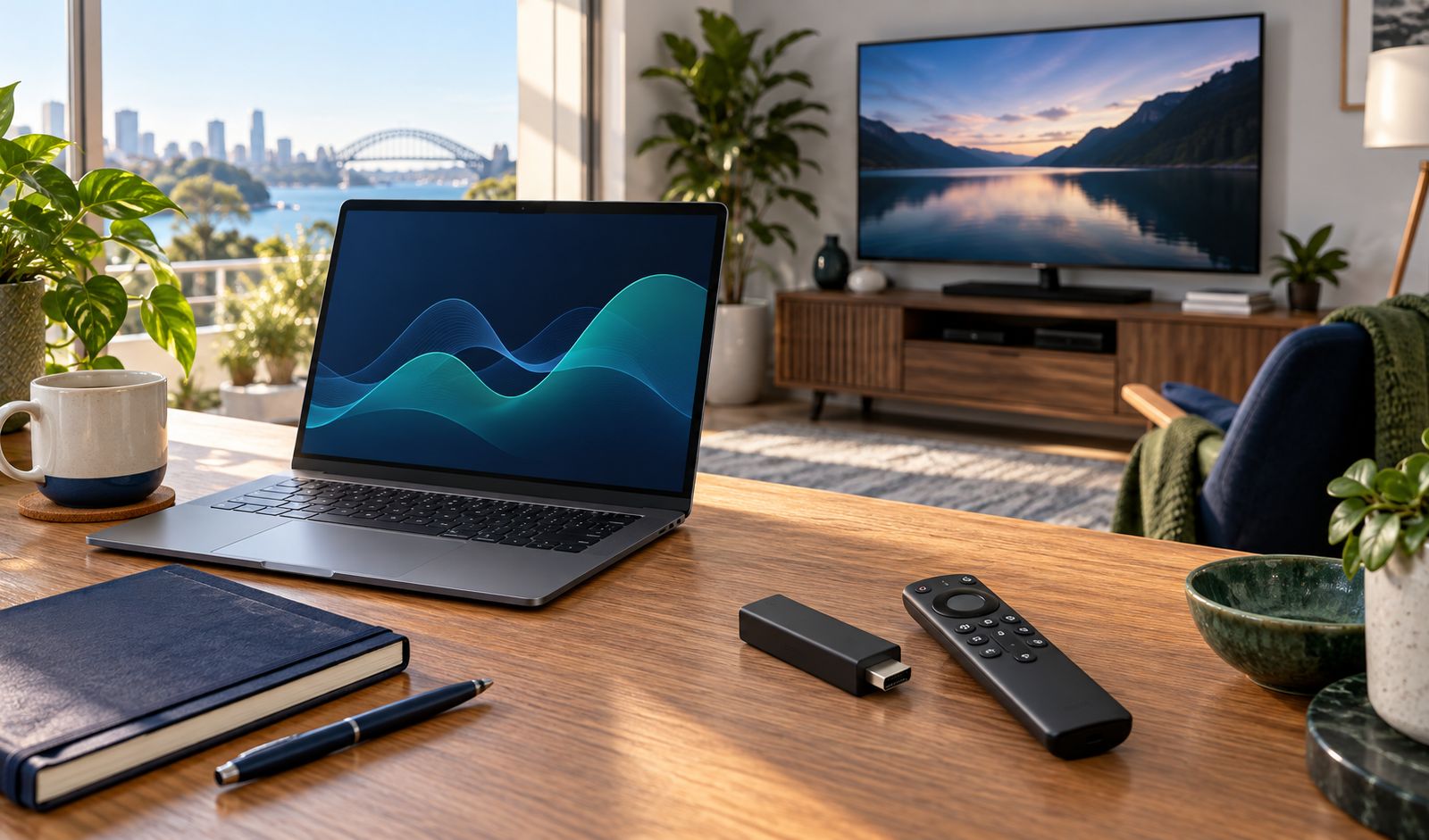 AUIPTVHub IPTV guide illustration with a laptop, notebook and streaming equipment