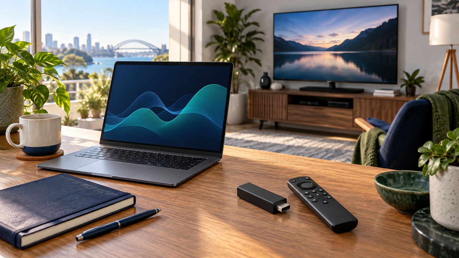 About AUIPTVHub: illustrative IPTV review workspace with laptop and streaming devices