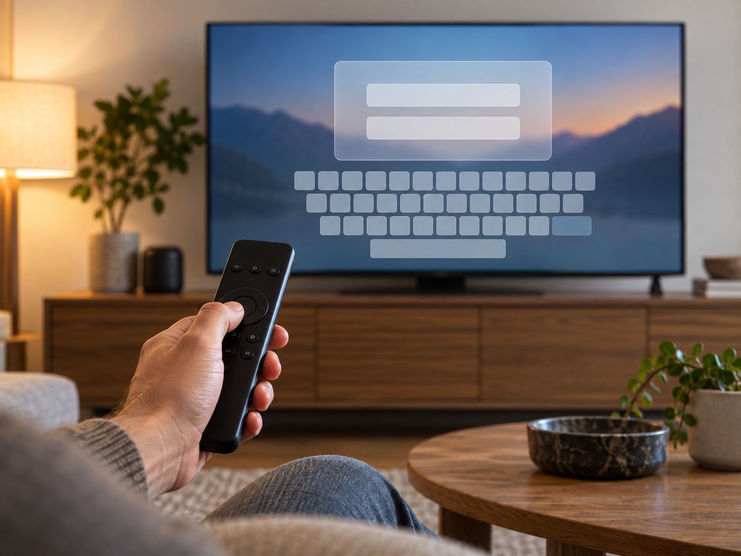 IPTV Smarters Pro login setup illustrated with a remote and generic on-screen keyboard