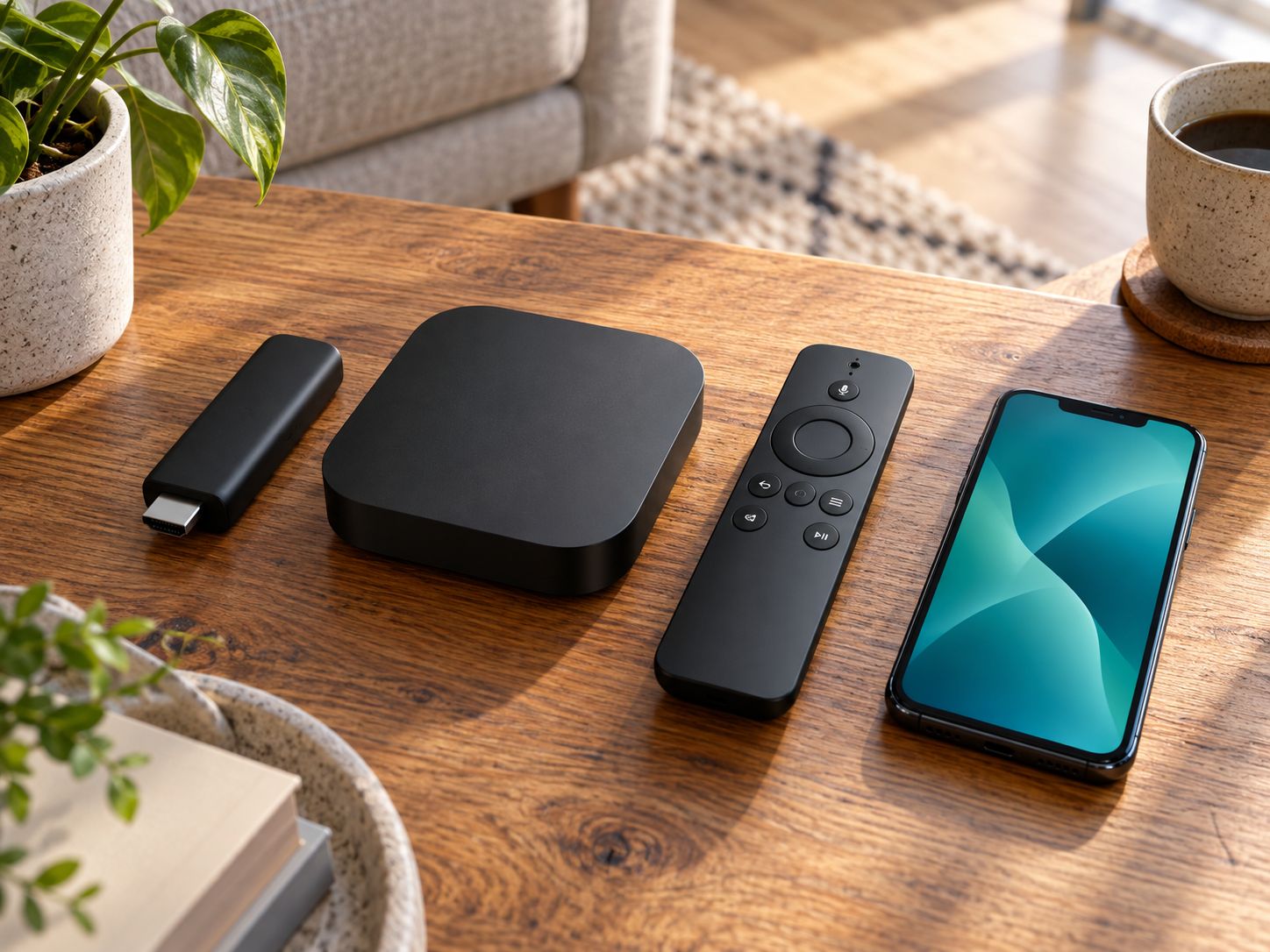 IPTV Australia devices with a streaming stick, set-top box, remote and smartphone